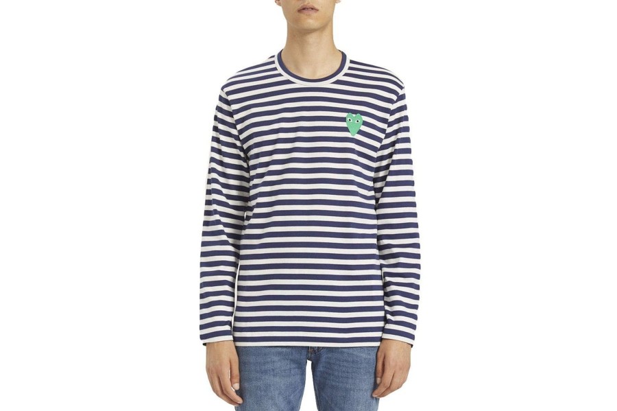 Clothing COMME DES GARCONS | Cdg Navy Striped Green Stretch Heart Long Sleeve T-Shirt