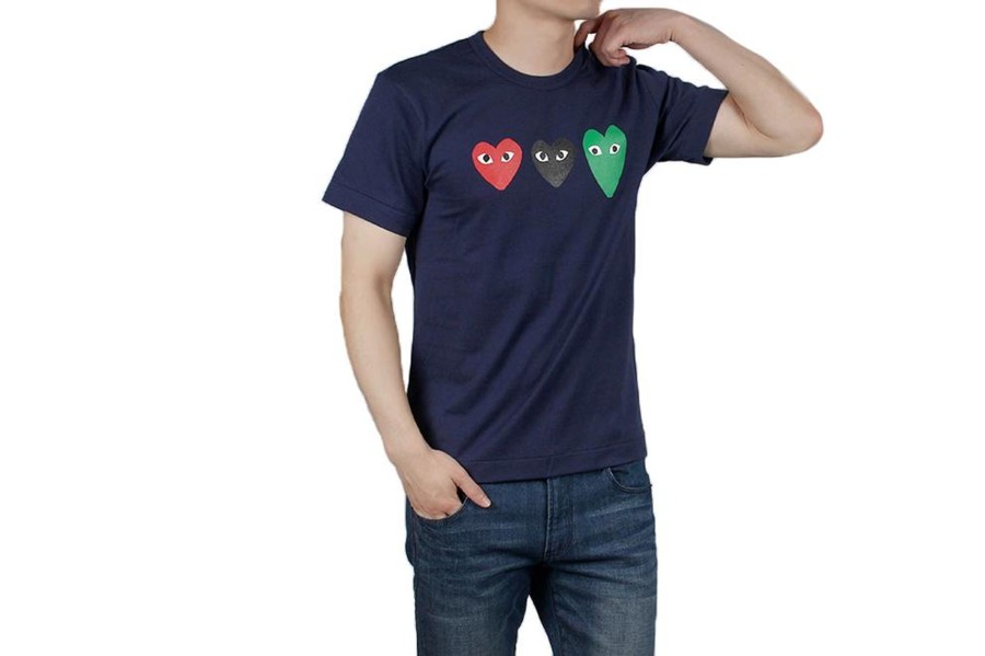 Clothing COMME DES GARCONS | Cdg Triple Hearts T-Shirt Navy