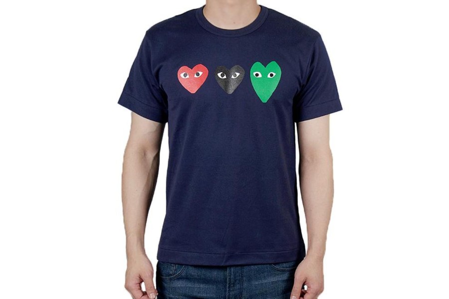 Clothing COMME DES GARCONS | Cdg Triple Hearts T-Shirt Navy