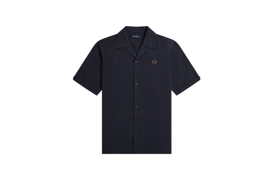 Clothing FRED PERRY | Linen-Blend Revere Collar Shirt Navy