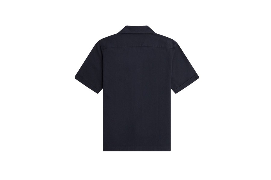 Clothing FRED PERRY | Linen-Blend Revere Collar Shirt Navy