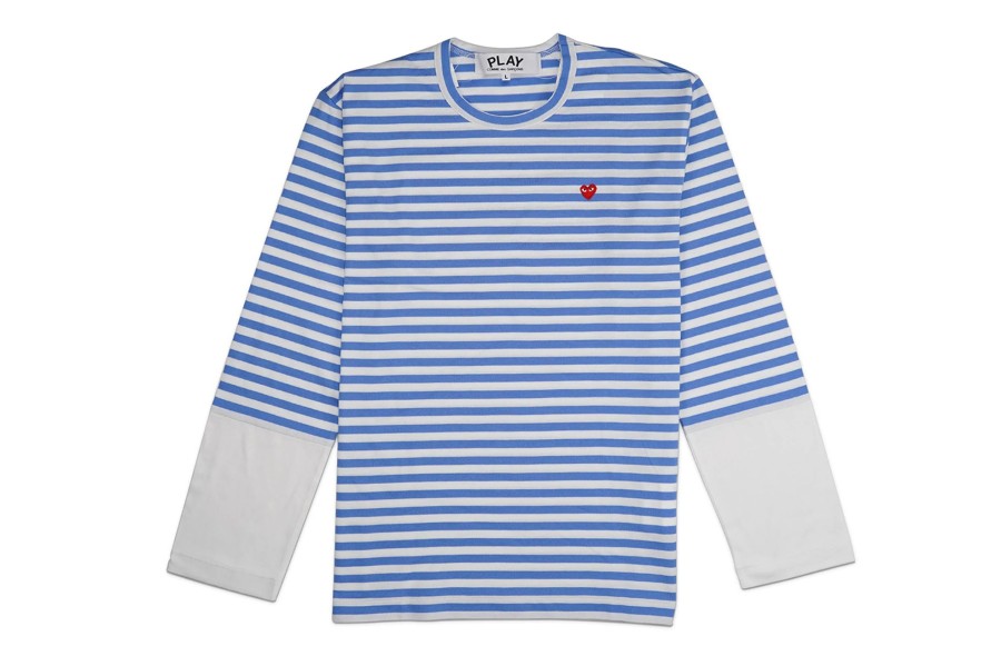 Clothing COMME DES GARCONS | Cdg Paneled Striped Small Red Heart Long Sleeve T-Shirt Blue