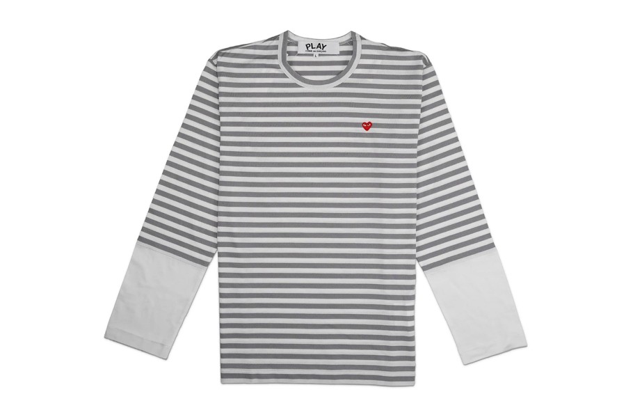 Clothing COMME DES GARCONS | Cdg Paneled Striped Small Red Heart Long Sleeve T-Shirt Grey